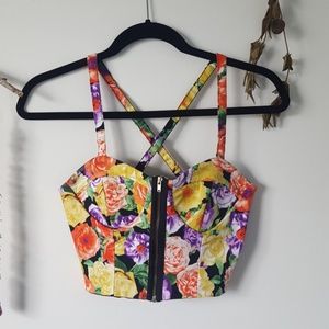Zip front floral bustier crop top